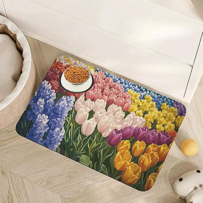 Tulip Lavender Pet Feeding Mat,Vintage Flower Fields Absorbent Quick-Dry Cat Dog Food and Water Bowl Mats,Non-Slip Rubber Backing Mat,Cat Dog Accessories Supplies 16"x24"