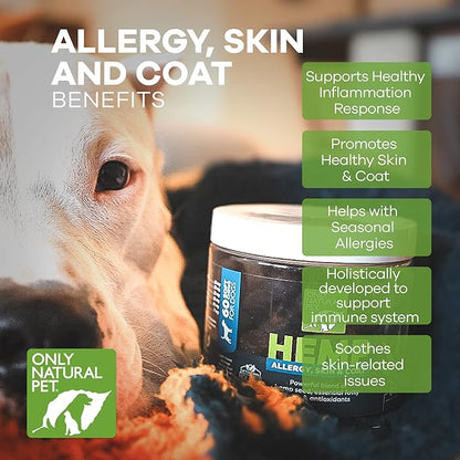 Only Natural Pet Allergy, Skin & Coat Hemp Soft Chews - Allergy Immune Bites for Dogs, Omega 3 Supplement, Calming Treats for Itchy Skin Relief, Hot Spot - (120 Count) (Al.)