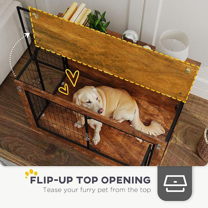 PawHut 39" Dog Crate Furniture with Flip-up Top Opening, Decorative Dog Kennel Furniture Side Table with 2 Doors for Large Breeds, Rustic Brown