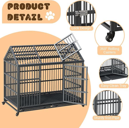 Heavy Duty Dog Crate, 52 Inches Large Metal Dog Kennel with Roof Top, 2 Door Pet Cage with Removable Tray and Wheels for High Anxiety Large Giant Breeds