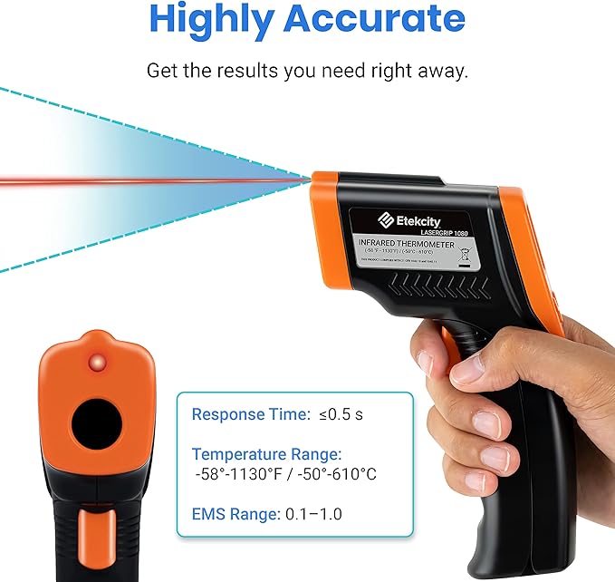 Etekcity Infrared Thermometer Laser Temperature Gun 1080, -58°F~ 1130°F for Meat Food Candy Pizza Oven, Heat Gun for Cooking, Kitchen, Fridge, Reptile, BBQ, HAVC, Adjustable Emissivity & Max Measure