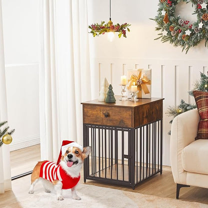 HOOBRO Dog Crate Furniture, Wooden Dog House, Decorative Dog Kennel with Drawer, Indoor Pet Crate End Table for Small Dog, Steel-Tube Puppy Cage, Chew-Proof, Rustic Brown and Black BF01GW03