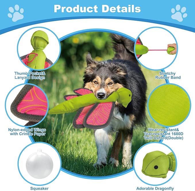 Pink Green Dragonfly Oxford Launching Flying Dog Toy Slingshot Chase Fetch Training Interactive Dog Toy Durable Stuffed Animal Crinkle Dog Squeaky Toy for Medium Large Dogs Toy Gift 31cm/12.2in