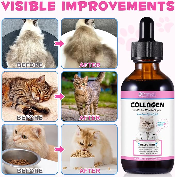 Collagen for Cats, Cat Collagen Liquid Drops for Cats with Biotin, MSM & Ginger Digestive & Immunity Support, Itch Relief, Skin & Coat and Joint Health, Cat Supplement 60ml ﻿
