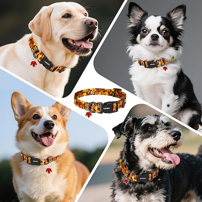 Kazazoo Dog Collar Cute and Soft Nylon Puppy Collar for Boy and Girl, Adjustable Dog Collars for Small Medium Dogs, Maple Leaf-M