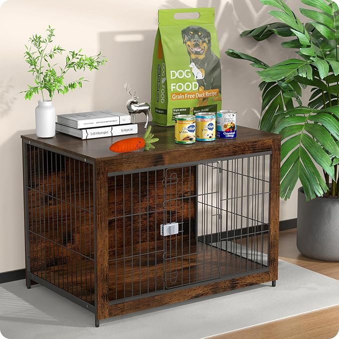 Dog Crate Furniture, Wooden Dog Crate 26in, Decorative Cage with End Table for Dog Indoor Kennel, High Anxiety Dog, Escape-Proof Locks for All Breeds