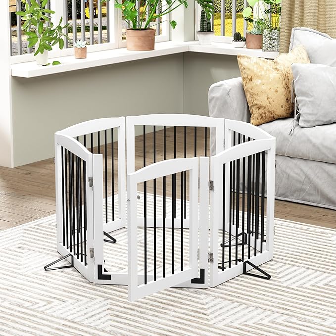 PUPETPO Freestanding Pet Gates with Walk Through Door, Dog Indoor Fence, Dog Gate for The House, Stairs, Extra Wide Pet Gate, Support Feet Included, 120 Inch Wide, 6 Panels 24" Tall, White & Black