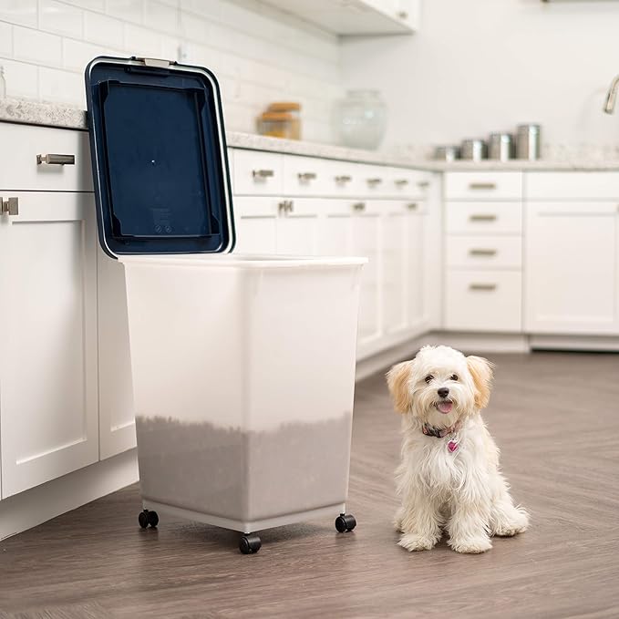 IRIS USA Dog Food Storage Container, Up to 54 Pounds, Attachable Wheels, For Dog Cat Bird and Other Pet Food Storage Bin, Keep Fresh, Easy Mobility - Made in USA, Navy/Pearl