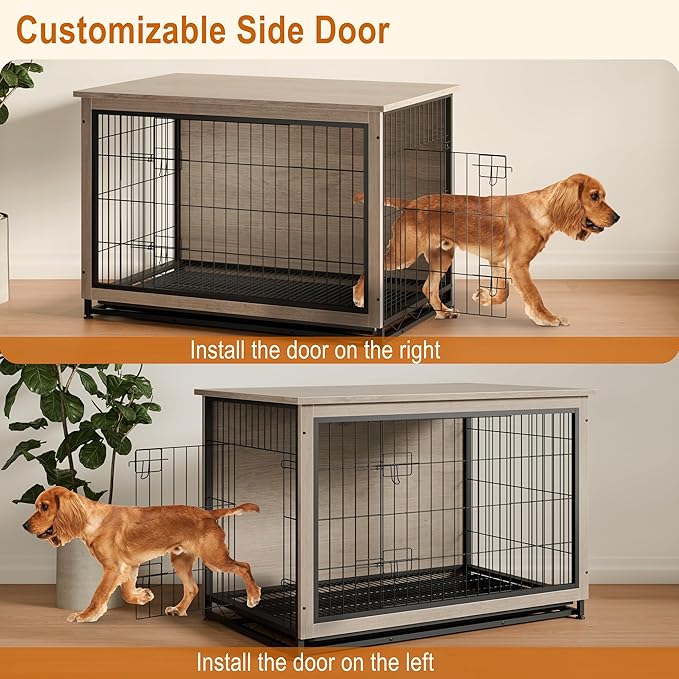 Vongrasig Dog Crate Furniture, Side End Table, Modern Wooden Kennel for Dogs Indoor, Heavy-Duty Dog Cage with Multi-Purpose Removable Tray, Double-Door Dog House, Grey