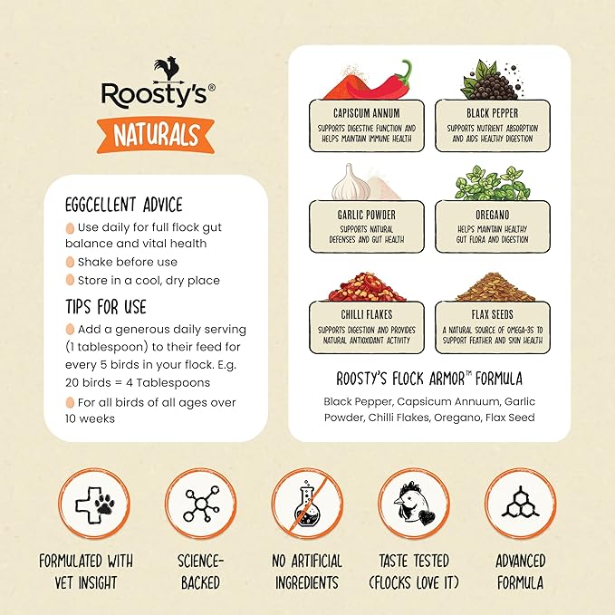 Roosty's Naturals Flock Armor - Chicken De-Wormer Powder - Chili Mix | XL 1LB Pouch | All-Natural Formula | US-Made Chicken Wormer - 16oz Bag