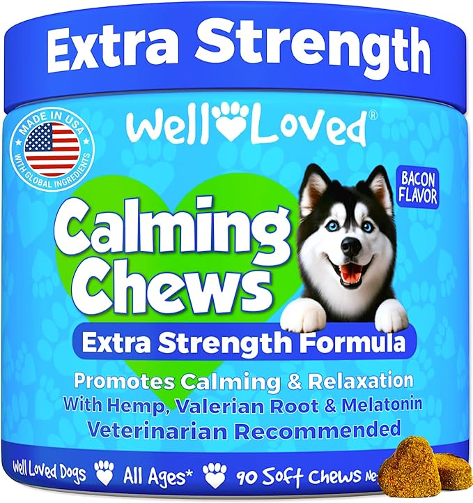 Well Loved Calming Chews for Dogs - Dog Calm Treats, Made in USA, Vet Recommended, Behavior Support with Melatonin & Hemp, Stress, Separation, Fireworks, Travel, Extra Strength