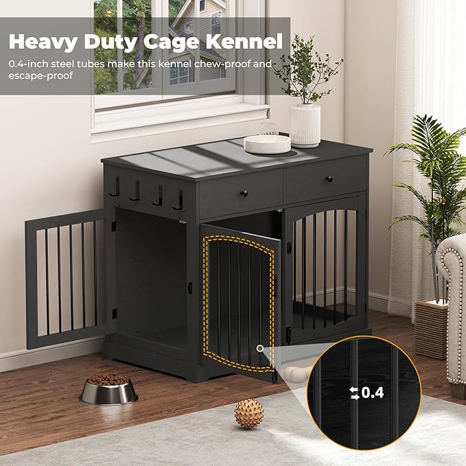Dog Crate Furniture, Wooden Dog Kennel Furniture, Heavy-Duty Dog Crate End Table with Storage Drawers, Double Doors Decorative Pet Cage House Indoor for Small Medium Dog, 40Inch, Black