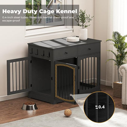 Dog Crate Furniture, Wooden Dog Kennel Furniture, Heavy-Duty Dog Crate End Table with Storage Drawers, Double Doors Decorative Pet Cage House Indoor for Small Medium Dog, 40Inch, Black