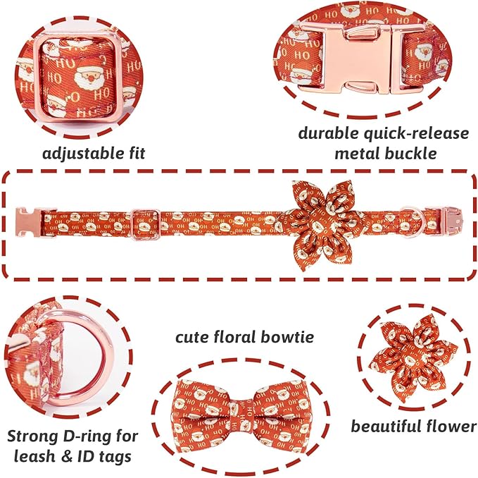 Christmas Dog Collar and Leash Set Girls Adjustable Puppy Collars with Christmas Bow Tie for Small Medium Large Female Dogs, Red Santa Claus, L