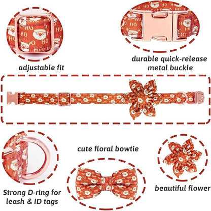 Christmas Dog Collar and Leash Set Girls Adjustable Puppy Collars with Christmas Bow Tie for Small Medium Large Female Dogs, Red Santa Claus, L