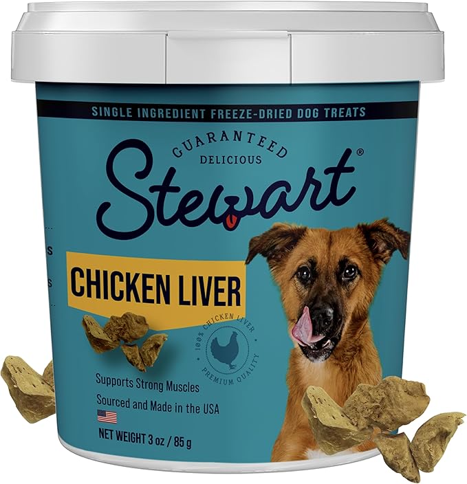 Stewart 100% Chicken Liver Dog Treats, 3 oz Tub, ~55 Pieces, Freeze Dried Raw, Single Ingredient, 60% Protein Training Treats or Meal Topper, Grain Free, Gluten Free