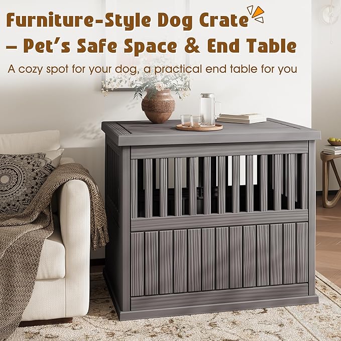 Bifanuo 40-Inch Dog Crate Furniture, Heavy Duty Dog Crate for Large and Medium Dog, Lockable Indoor Outdoor Dog Kennel & End Table, Decorative Plastic Pet Cage(Grey)