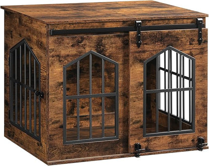 MAHANCRIS Dog Crate Furniture, 31.5" Farmhouse Dog Kennel with Sliding Barn Door, Wooden Dog Cage for Small Medium Dogs, Decorative Pet House Side End Table, Chew-Resistant, Rustic Brown DCHR9601