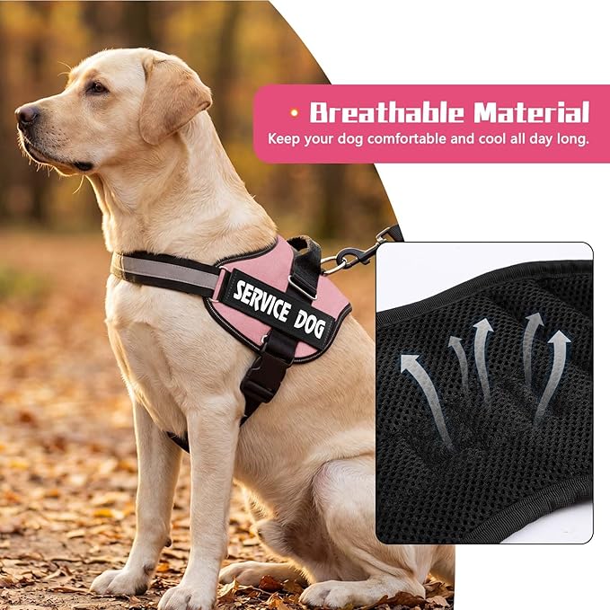 MUMUPET Service Dog Harness, No Pull Reflective Adjustable with Handle, Soft Breathable Padding for Medium Dogs, 2 Removable Velcro Patches (Pink, M)