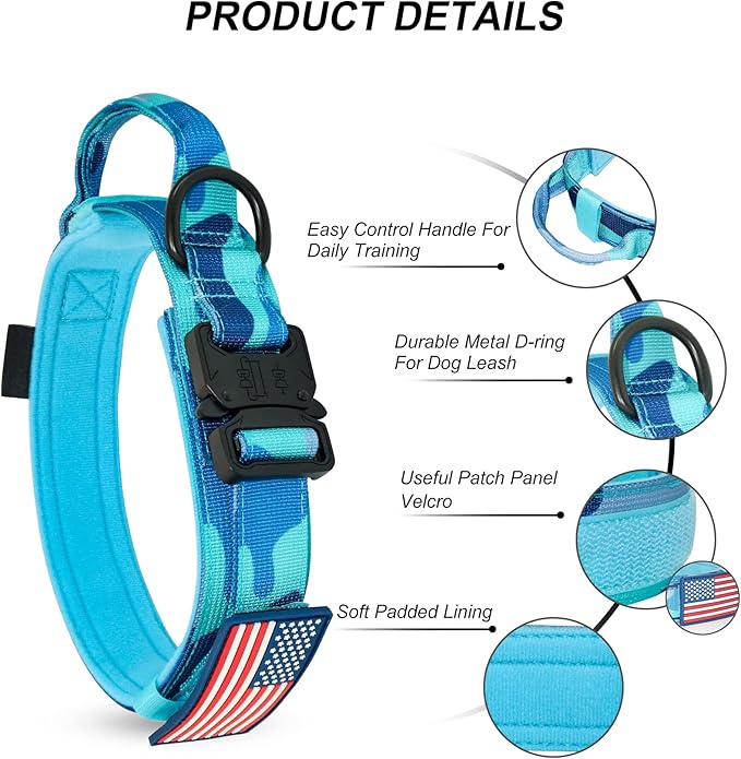 Hotsky Tactical Dog Collar and Leash Set, Heavy Duty Military Airtag Dog Collar with Handle and Metal Buckle for Training and Walking, with Airtag Holder and Two Patches (Blue Camo, L)