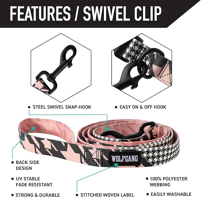 Wolfgang Heavy Duty Dog Leash, Pull-Tested to Over 800 lbs for Walking & Training, HoundsPink Print, Large
