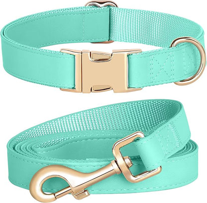 PET ARTIST Soft PU Leather Dog Collar and Leash Set, Bright & Stylish 5FT PU Leather Leash and Collar Set, Durable Pet Collars with Quick Release Metal Buckle for Small Dogs,Mint Green,S(9"-14")