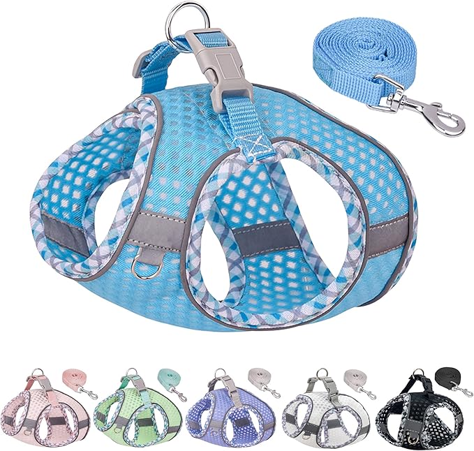 Summer Dog Harness and Leash Set, Soft Dog Vest Harness with Super Breathable Diamond Mesh, Reflective No-Pull Pet Harness for Outdoor Walking, Training for Small Dogs, Cats Blue XXS