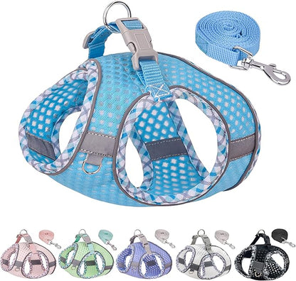 Summer Dog Harness and Leash Set, Soft Dog Vest Harness with Super Breathable Diamond Mesh, Reflective No-Pull Pet Harness for Outdoor Walking, Training for Small Dogs, Cats Blue XXS
