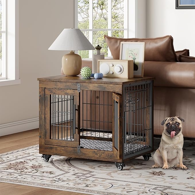 YaFiti Dog Crate Furniture with Cushion Set of 2, Wooden Dog Kennel Indoor with Double Doors, Dog Cage with Wheels, Dog House Side End Table for Small Dogs up to 30 lb, 27.2" L, Rustic Brown
