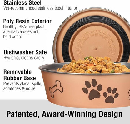 Loving Pets Bella Dog Bowls- Stainless Steel Dog & Cat Bowls - Spill Proof Dog Food Bowl, Cat Bowl, Puppy Essentials & Pet Supplies Great for Home & Travel (Medium 20-35 lbs, Champagne) (Pack of 2)