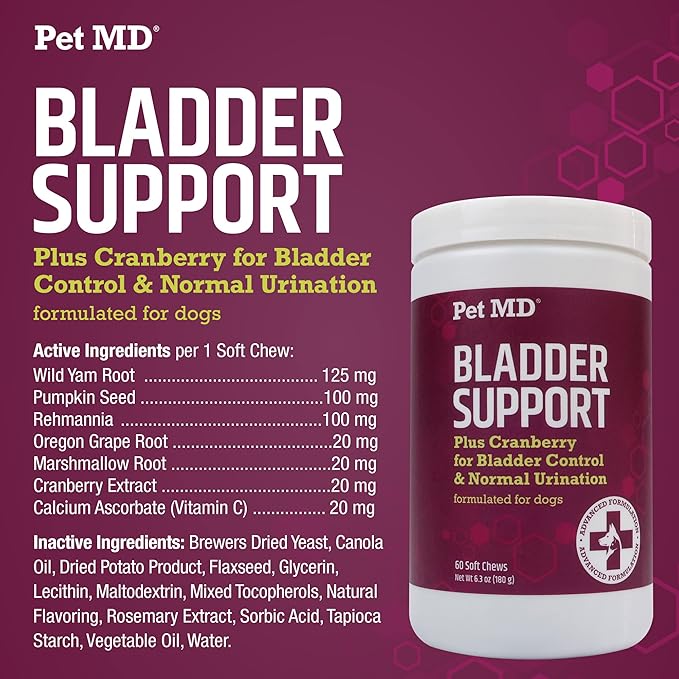 Pet MD Bladder Support Plus Cranberry for Dogs - Support Bladder Control & Urinary Tract Health - Help Relieve Dog UTI & Incontinence - Wild Yam Root & Cranberry Bladder Bites for Dogs - 60 ct
