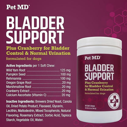 Pet MD Bladder Support Plus Cranberry for Dogs - Support Bladder Control & Urinary Tract Health - Help Relieve Dog UTI & Incontinence - Wild Yam Root & Cranberry Bladder Bites for Dogs - 60 ct