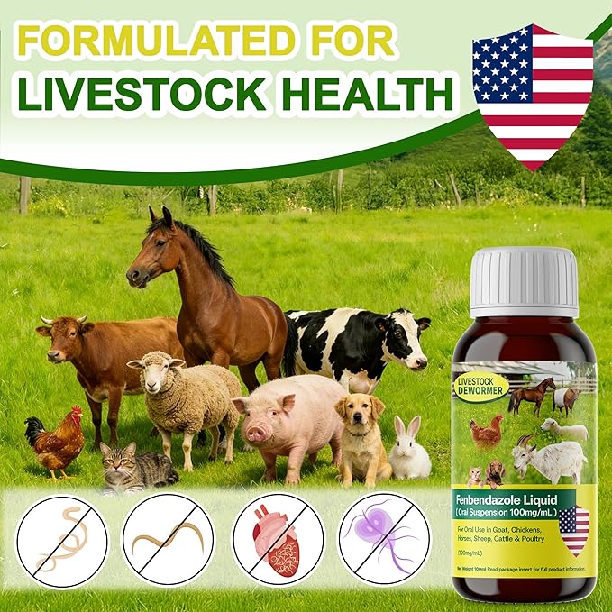 Dewormer for Goat, Chickens, Horses, Sheep, Poultry & More, Fenbendazole for All Wormers, Tapeworms, Roundworms & Hookworms, 100 ml