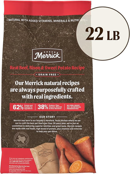 Merrick Premium Grain Free Dry Adult Dog Food, Wholesome And Natural Kibble With Beef, Bison And Sweet Potato - 22.0 lb. Bag