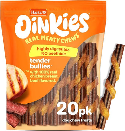 Hartz Oinkies Tender Bullies with Real Chicken Breast & Real Beef Bully Stick Flavor, Highly Digestible and Rawhide-Free, 20 Count