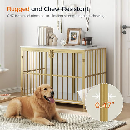 HOOBRO 38.6" Dog Crate Furniture, Wooden Dog Kennel Indoor, Heavy Duty Dog Cage for Small/Medium Dog, Decorative Side End Table, White and Gold DW100GW03