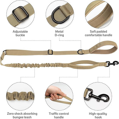 Forestpaw Tactical Dog Leash for Large Dogs,Heavy Duty Bungee Dog Leash with Shock Absorption,2 Padded Handles for Training Running Walking,Adjustable 4-5FT,Khaki
