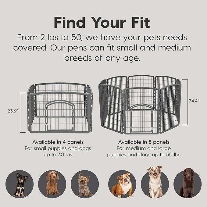 IRIS USA 24" Exercise 4-Panel Pet Playpen with Door, Dog Playpen, Puppy Playpen, Small and Medium Dogs, Keep Pets Secure, Easy Assemble, Rust-Free, Heavy-Duty Molded Plastic, Customizable, Gray