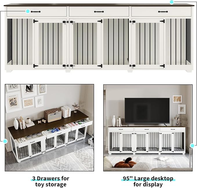 Dog Crate Furniture - Indoor Wooden Dog Kennel Crate Furniture with 2 Dividers, 3 Drawers, and 3 Lockable Doors, 95"x23.6"x31.5"H, White
