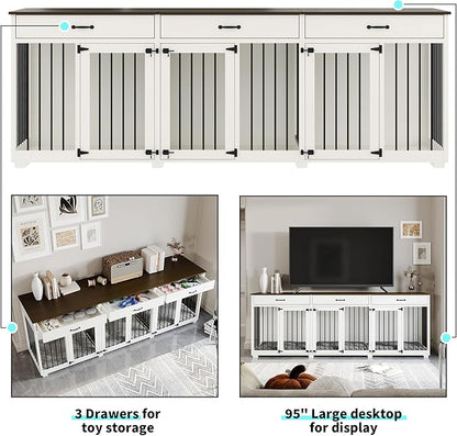 Dog Crate Furniture - Indoor Wooden Dog Kennel Crate Furniture with 2 Dividers, 3 Drawers, and 3 Lockable Doors, 95"x23.6"x31.5"H, White