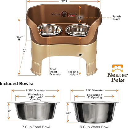 Neater Feeder Deluxe Mess-Proof Elevated Dog Bowls for Large Dogs (40+ lbs), 2 Height Adjustable (14.5” & 17.5”) No-Spill Raised Dog Bowl Stand, Stainless Steel Food Bowl Set, Made in USA, Bronze
