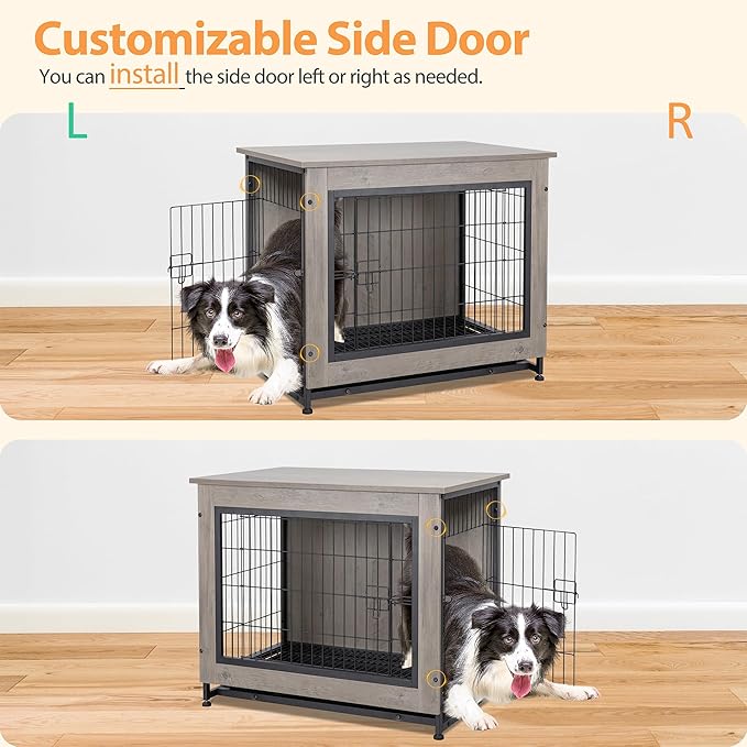 Shintenchi Wooden Dog Crate Furniture for Large Breed, L Double-Door Kennel Indoor with Removable Tray, End Table L Dog Crate for Decoration, 38.6" L, Grey