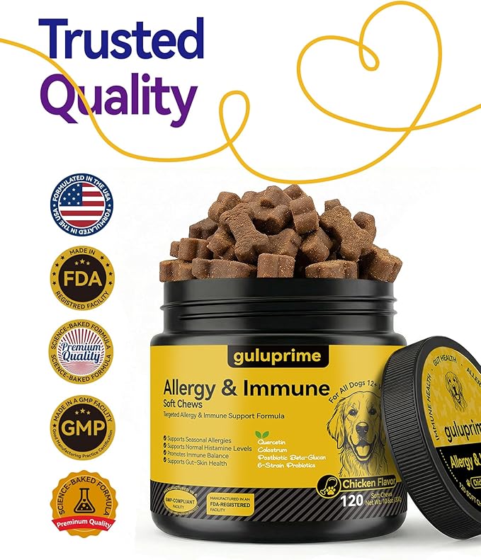 Dog Allergy Relief Chews – Daily Allergy & Immune Support with Quercetin, Colostrum & Probiotics, Helps Maintain Normal Histamine Response, Supports Skin & Coat Comfort, Gut Health, 120ct