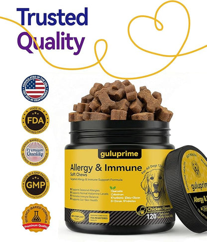 Dog Allergy Relief Chews – Daily Allergy & Immune Support with Quercetin, Colostrum & Probiotics, Helps Maintain Normal Histamine Response, Supports Skin & Coat Comfort, Gut Health, 120ct