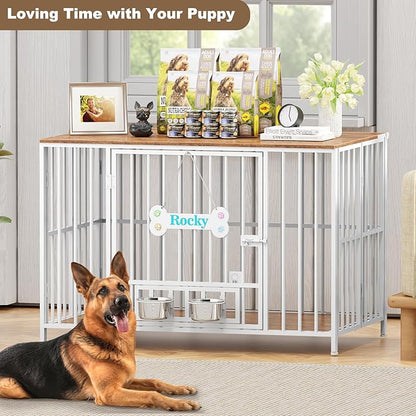 Easycom 43" Dog Crate Furniture Foldable, No Assembly Decorative Dog Kennel Indoor, XL Dog Crates for Large Dogs (60-80 lbs), Wooden Dog Cage with Adjustable Bowls and Name Tag, White & Beech