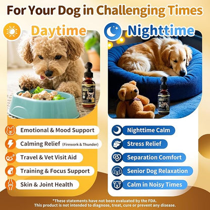 Dog Calming & Melatonin Drops, Day & Night Calm Support Set, Anxiety & Stress Support Calming Treat, Enhance Calmness & Sleep for Separation, Travel, Fireworks & Thunder, Bacon Flavor, 2 FL.Oz