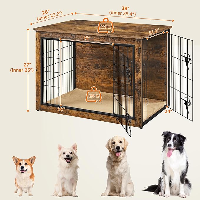 Yaheetech 38'' Dog Crate Furniture with Cushion Wooden Dog Crate with Double Doors/Adjustable Feet Side End Table for Medium/Large Dogs, 37.80" L x 25.59" W x 26.57" H