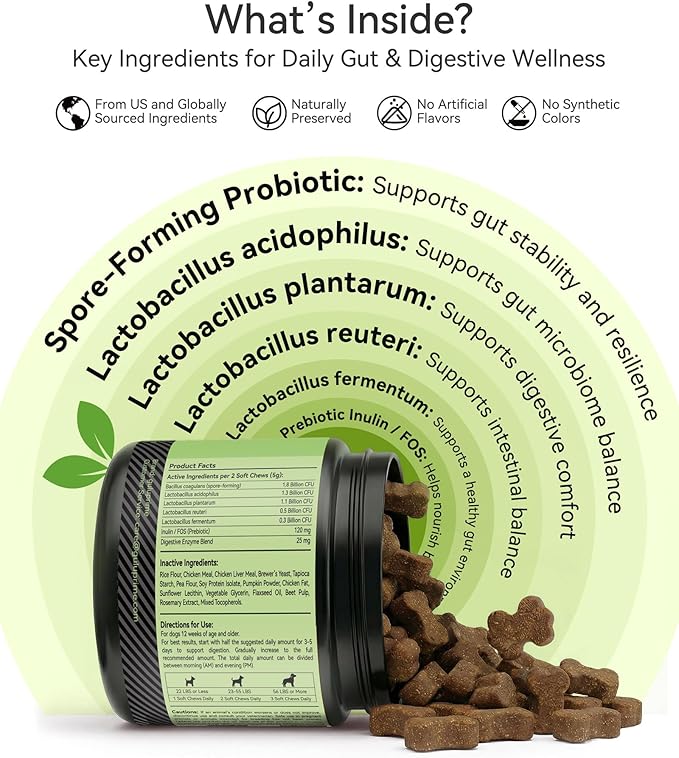 Probiotic Soft Chews for Dogs – Daily Gut & Digestive Support, Spore-Forming Probiotic with Multi-Strain Lactobacillus, Prebiotic Inulin/FOS, Chicken Flavor, 120 Chews