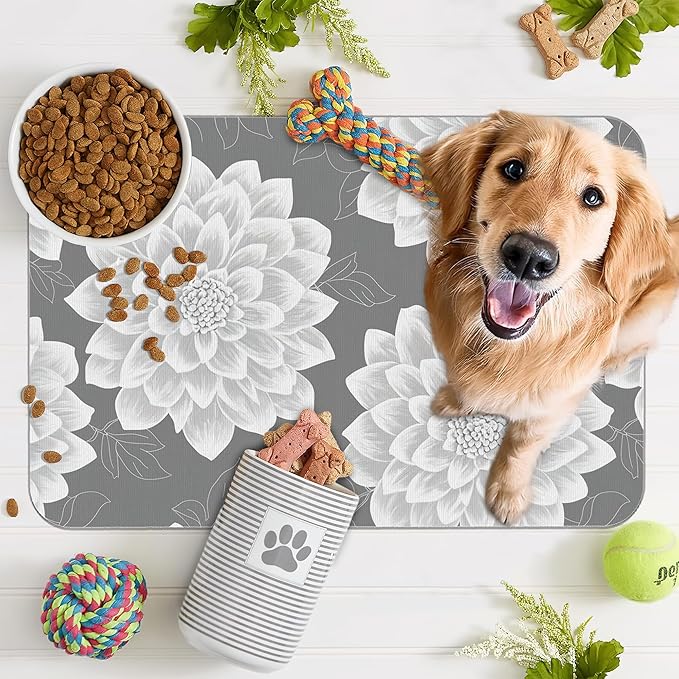 Dahlia Dog Cat Food Mat,Gray White Flowers Absorbent Pet Feeding Mat with Rubber Backing,Non-Slip Water Bowl Placemat,Indoor Pet Accessories Supplies 16"x24"