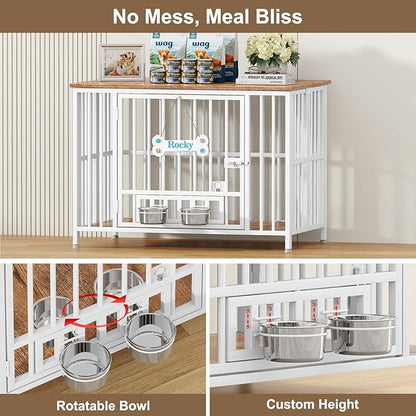 Easycom 41" Dog Crate Furniture Foldable, No Assembly Decorative Dog Kennel Indoor, Dog Crates for Large Dogs(35-60 lb), Wooden Dog Crate with Adjustable Bowls and Name Tag, End Table, White & Beech